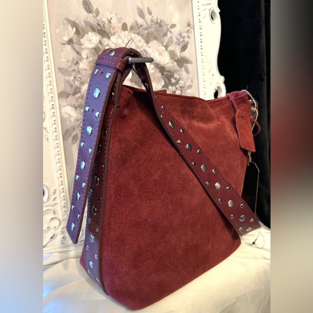 🍷MADE IN INDIA Suede Studded Hobo Elegant Burgundy Shoulder Bag🍷NWT - Picture 7 of 17